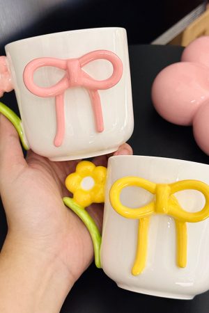 3D Flower Bow Tie Ceramic Coffee Cup and Saucer Set for Girls - Aesthetic Afternoon Tea Mug for Milk and Fufu