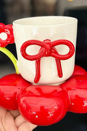 3D Flower Bow Tie Ceramic Coffee Cup and Saucer Set for Girls - Aesthetic Afternoon Tea Mug for Milk and Fufu
