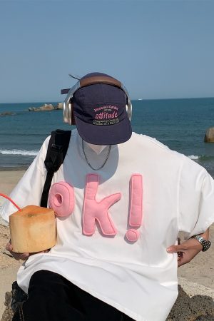 3D OK Letter Short Sleeve T-Shirt for Men and Women, Loose Fit Unisex Summer Tee, Vintage-Inspired Casual Wear