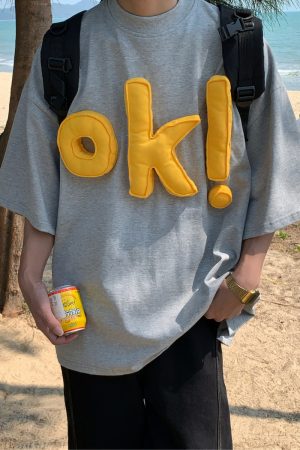 3D OK Letter Short Sleeve T-Shirt for Men and Women, Loose Fit Unisex Summer Tee, Vintage-Inspired Casual Wear