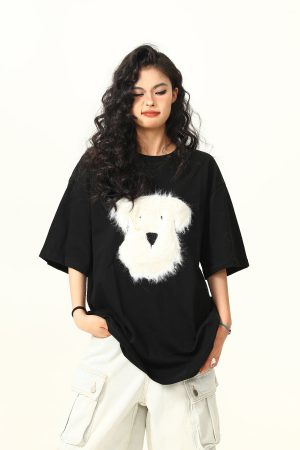 3D Plush Dog Design Short Sleeve T-Shirt for Women, Summer Loose Retro Tee, Casual Cute Graphic Top, Y2K Style