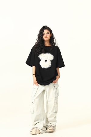 3D Plush Dog Design Short Sleeve T-Shirt for Women, Summer Loose Retro Tee, Casual Cute Graphic Top, Y2K Style