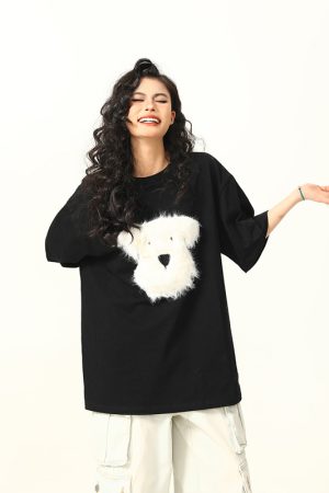 3D Plush Dog Design Short Sleeve T-Shirt for Women, Summer Loose Retro Tee, Casual Cute Graphic Top, Y2K Style