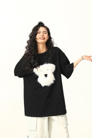 3D Plush Dog Design Short Sleeve T-Shirt for Women, Summer Loose Retro Tee, Casual Cute Graphic Top, Y2K Style