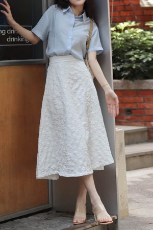 3D Relief Floral Umbrella Skirt with Pockets, High-Waisted A-Line, Vintage Black and White, Women's Spring Summer Fashion