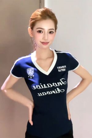 90s American Retro V-Neck Short Sleeve Women's Summer Color-Blocking Football T-Shirt Slim Fit Sports Top