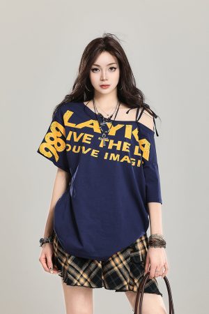 90s Retro Off-Shoulder Short Sleeve T-Shirt for Women - Summer 2025 Loose Fit Unique Casual Top