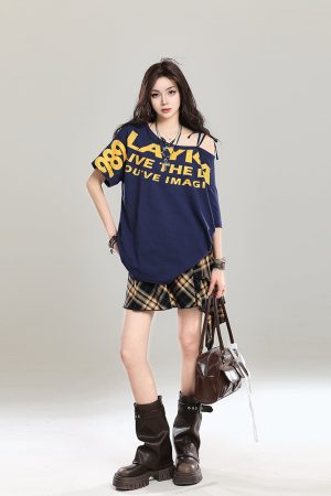 90s Retro Off-Shoulder Short Sleeve T-Shirt for Women - Summer 2025 Loose Fit Unique Casual Top