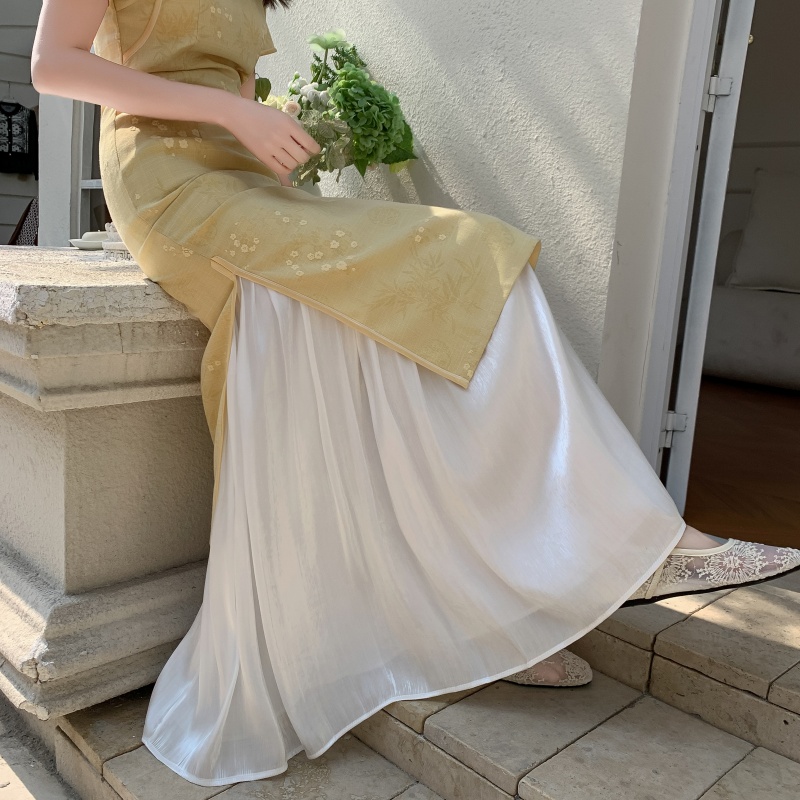 A-line Long Dress with Slip Under Qipao, Flowing Hem, Elastic Waist, Vintage Versatile Design, Slimming Fit, Perfect for Any Occasion A-line Long Dress with Slip Under Qipao, Flowing Hem, Elastic Waist, Vintage Versatile Design, Slimming Fit, Perfect for Any Occasion