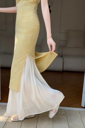 A-line Long Dress with Slip Under Qipao, Flowing Hem, Elastic Waist, Vintage Versatile Design, Slimming Fit, Perfect for Any Occasion