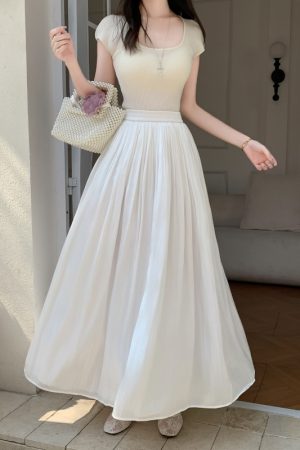 A-line Long Dress with Slip Under Qipao, Flowing Hem, Elastic Waist, Vintage Versatile Design, Slimming Fit, Perfect for Any Occasion