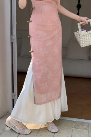 A-line Long Dress with Slip Under Qipao, Flowing Hem, Elastic Waist, Vintage Versatile Design, Slimming Fit, Perfect for Any Occasion