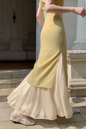 A-line Long Dress with Slip Under Qipao, Flowing Hem, Elastic Waist, Vintage Versatile Design, Slimming Fit, Perfect for Any Occasion