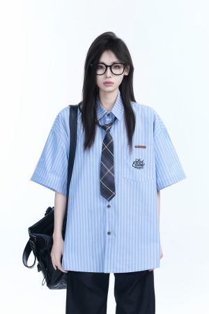 Academy Style Blue Vertical Striped Short Sleeve Shirt for Women, Unique Loose Summer Top, Trendy Casual Fashion