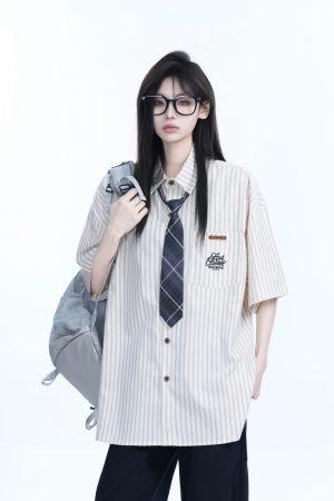 Academy Style Blue Vertical Striped Short Sleeve Shirt for Women, Unique Loose Summer Top, Trendy Casual Fashion