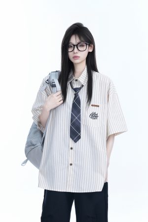 Academy Style Blue Vertical Striped Short Sleeve Shirt for Women, Unique Loose Summer Top, Trendy Casual Fashion