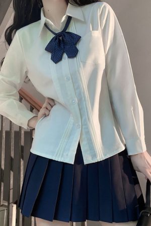 Accordion Pleated Long Sleeve & Short Sleeve JK Shirt Set - Basic Student Uniform for Women, Spring Autumn College Style