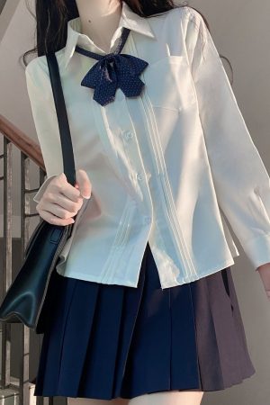 Accordion Pleated Long Sleeve & Short Sleeve JK Shirt Set - Basic Student Uniform for Women, Spring Autumn College Style