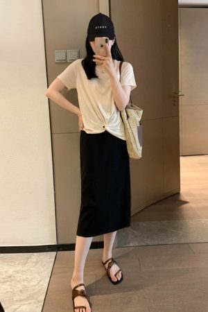 Adjustable Slit Half-Length Skirt with Elastic Back and Zipper - Mid-Length Straight H-Line Suit Skirt