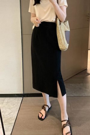 Adjustable Slit Half-Length Skirt with Elastic Back and Zipper - Mid-Length Straight H-Line Suit Skirt