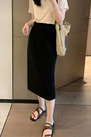 Adjustable Slit Half-Length Skirt with Elastic Back and Zipper - Mid-Length Straight H-Line Suit Skirt
