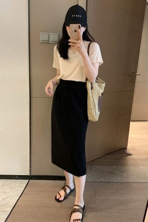 Adjustable Slit Half-Length Skirt with Elastic Back and Zipper - Mid-Length Straight H-Line Suit Skirt