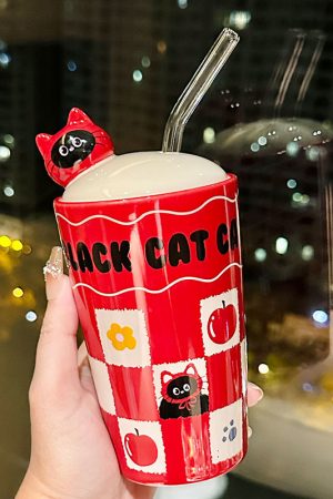 Adorable Cat Ceramic Mug with Straw, Perfect Gift for Girls, Best Friend Birthday Present, Cute Party Favor