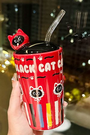 Adorable Cat Ceramic Mug with Straw, Perfect Gift for Girls, Best Friend Birthday Present, Cute Party Favor