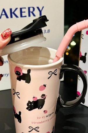 Adorable Cat Mug for Girls - 520ml Ceramic Cup with Straw, Cute Ton-Ton Design, Perfect for Everyday Use and Gifts