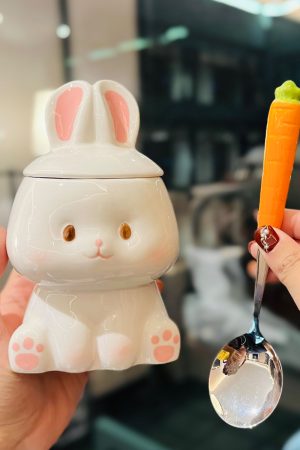 Adorable Ceramic Rabbit-Shaped Mug with Lid and Spoon - Perfect for Dorms, Water, Coffee, and Tea Lovers