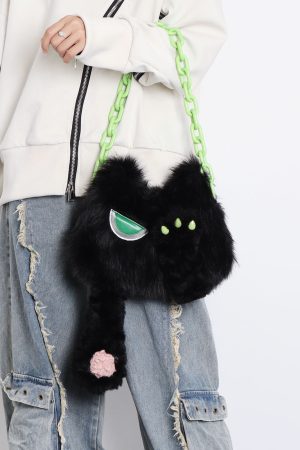 Adorable Plush Little Black Cat Crossbody Bag - Soft Autumn Collection, Cute Student Shoulder Bag for Niche Style Lovers