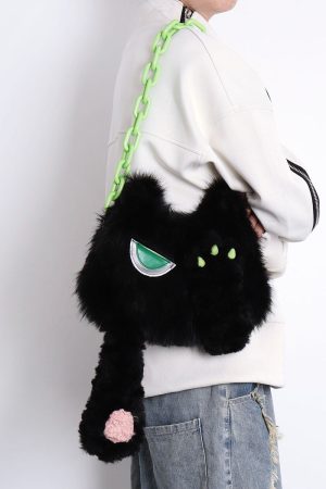 Adorable Plush Little Black Cat Crossbody Bag - Soft Autumn Collection, Cute Student Shoulder Bag for Niche Style Lovers