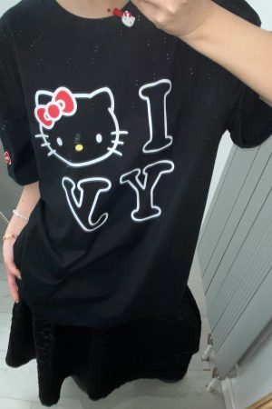 Age-Reducing Cute Kitty Print Heavyweight Cotton Short Sleeve T-Shirt - Irresistible Korean Niche Design