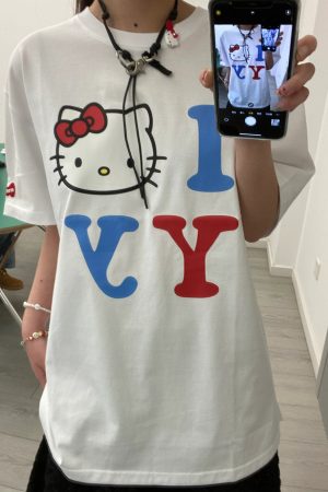 Age-Reducing Cute Kitty Print Heavyweight Cotton Short Sleeve T-Shirt - Irresistible Korean Niche Design
