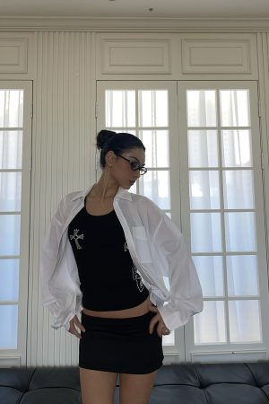 Airy White Shirt and Black Mini Low-Waist Skirt Set - Stylish Girl Outfit, Y2K Fashion, Trendy Summer Look