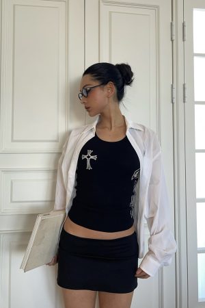 Airy White Shirt and Black Mini Low-Waist Skirt Set - Stylish Girl Outfit, Y2K Fashion, Trendy Summer Look