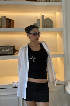 Airy White Shirt and Black Mini Low-Waist Skirt Set - Stylish Girl Outfit, Y2K Fashion, Trendy Summer Look