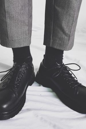 All-Black Men's Leather Shoes - Harajuku Style Thick-Soled Japanese Retro Round-Toe Casual Trendy Footwear