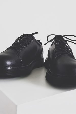 All-Black Men's Leather Shoes - Harajuku Style Thick-Soled Japanese Retro Round-Toe Casual Trendy Footwear