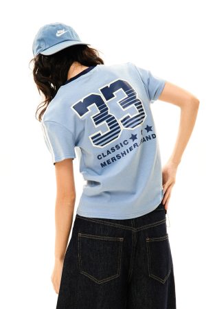 American College Style Printed Short-Sleeve T-Shirt for Women - Summer Slim-Fit Three-Stripe Sports Top