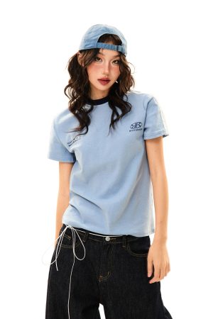 American College Style Printed Short-Sleeve T-Shirt for Women - Summer Slim-Fit Three-Stripe Sports Top