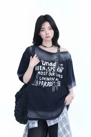 American Gradient Leather Buckle Off-Shoulder Oversized Short Sleeve T-Shirt for Women - Trendy Casual Spicy Girl Style