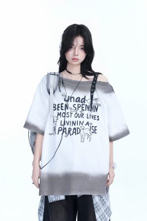 American Gradient Leather Buckle Off-Shoulder Oversized Short Sleeve T-Shirt for Women - Trendy Casual Spicy Girl Style