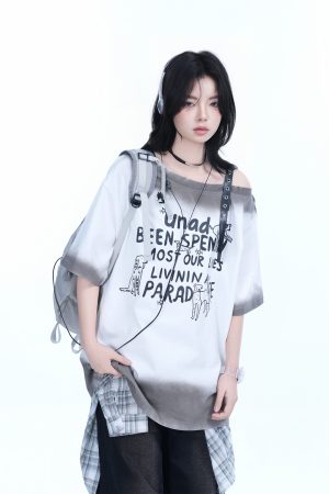 American Gradient Leather Buckle Off-Shoulder Oversized Short Sleeve T-Shirt for Women - Trendy Casual Spicy Girl Style