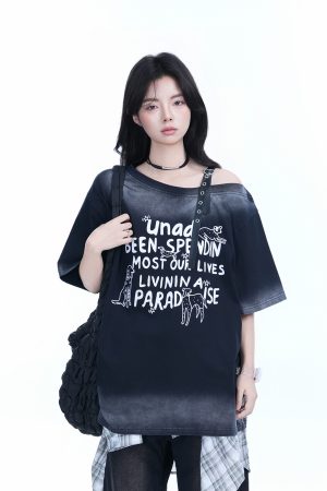 American Gradient Leather Buckle Off-Shoulder Oversized Short Sleeve T-Shirt for Women - Trendy Casual Spicy Girl Style