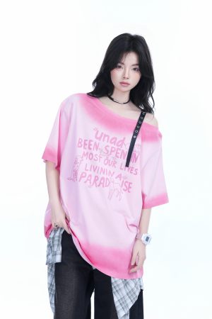 American Gradient Leather Buckle Off-Shoulder Oversized Short Sleeve T-Shirt for Women - Trendy Casual Spicy Girl Style