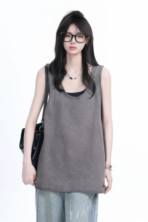 American Hip-Hop Distressed Rolled-Edge Tank Top for Women - Oversized Loose Sleeveless Tee, Trendy 90s Style