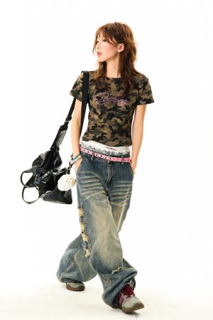 American Letter Rhinestone Camouflage Short Sleeve T-Shirt for Women - Slim Fit Summer Style, Trendy Y2K Fashion