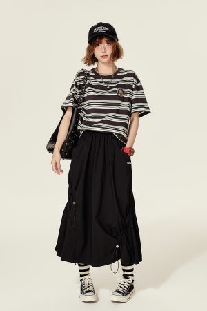 American Retro Black A-Line Half Skirt for Women, Summer Asymmetric Drawstring Design, Hip-Covering Umbrella Style