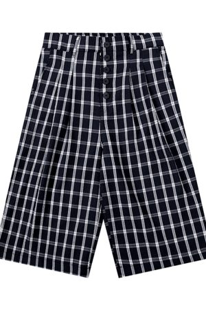 American Retro Blue and White Checkered Loose Wide-Leg Three-Quarter Pants for Women - Casual Y2K Style